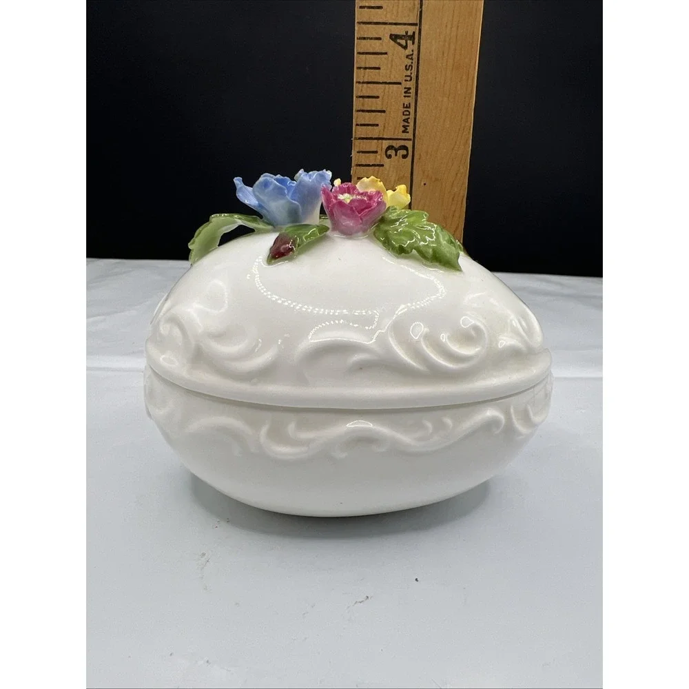 Vintage Towle Fine Bone China Egg Trinket Box 3D Floral Flowers Lid Easter Candy